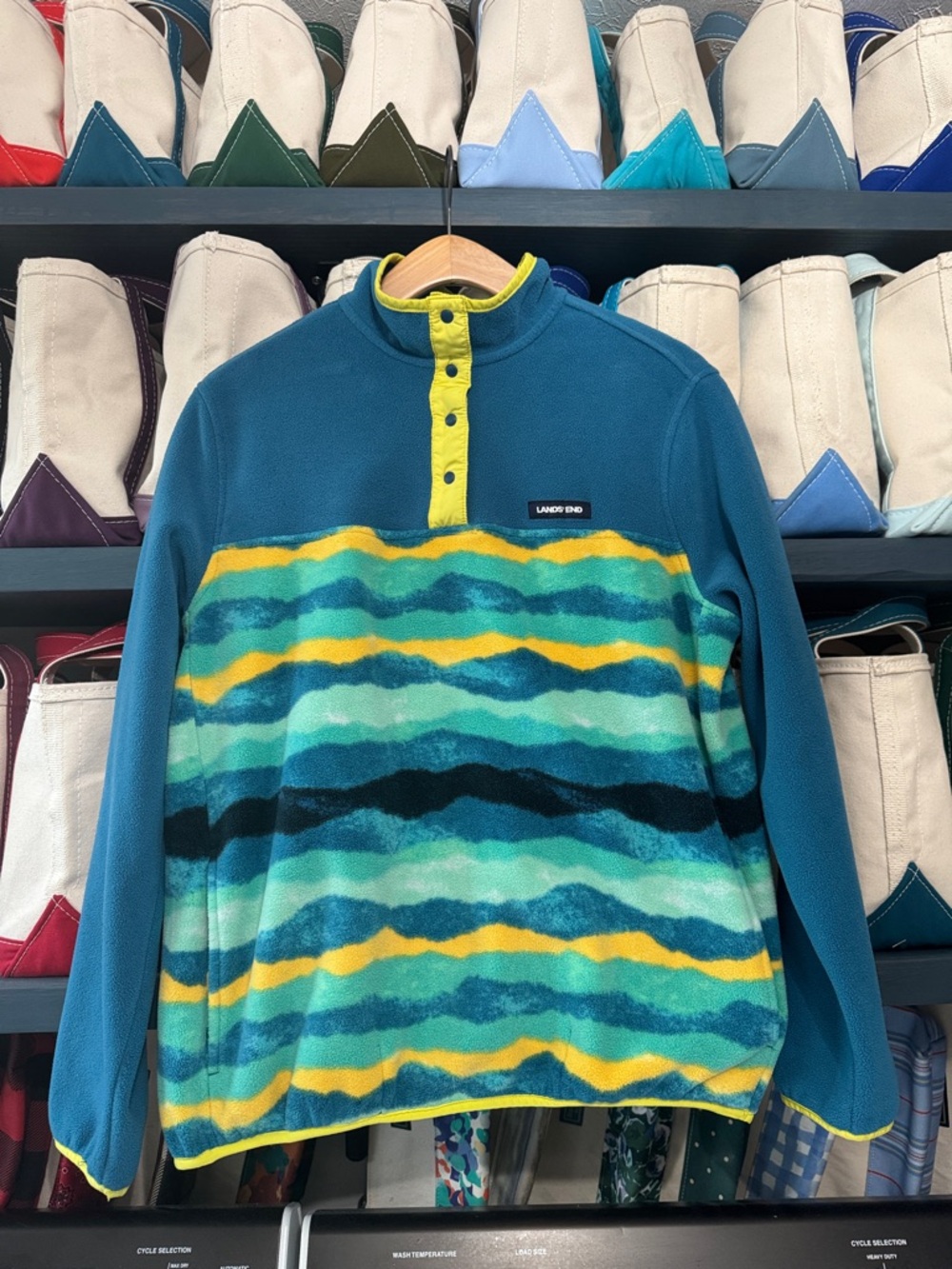 Lands' End Teal Fleece Zip Pullover with Yellow & Aqua Stripes